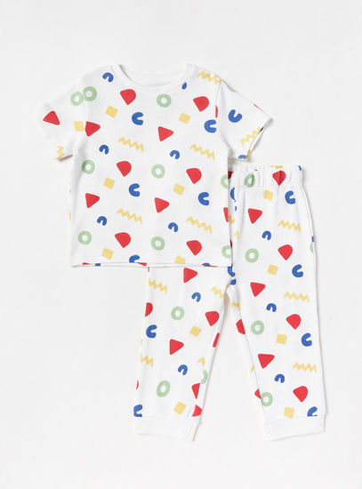All-Over Shapes Print T-shirt and Pyjama Set-Pyjama Sets-image-0