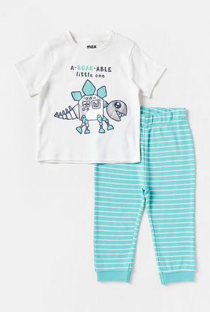 Dinosaur Graphic Foil Print Cotton Pyjama Set-mxkids-babyboyzerototwoyrs-clothing-nightwear-sets-2