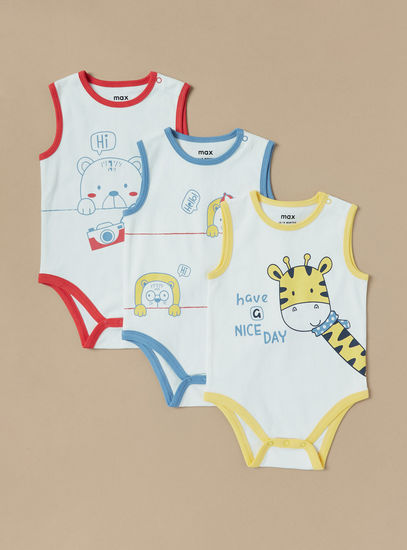 Set of 3 - Printed Sleeveless Bodysuit with Button Closure