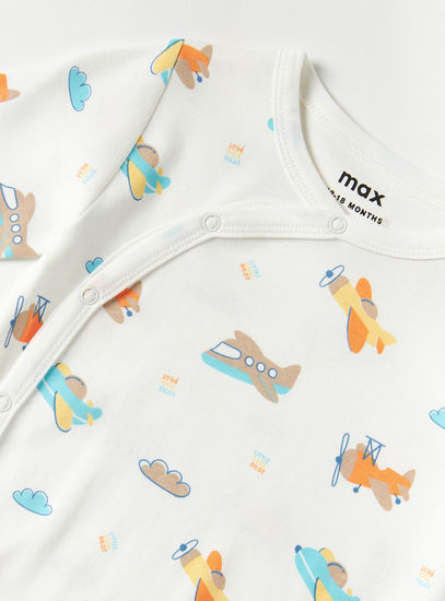 All-Over Airplane Print Sleepsuit with Long Sleeves and Snap Button Closure