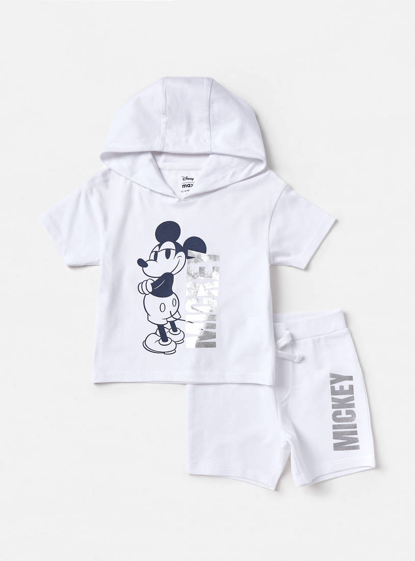 Mickey Mouse Print Hooded T-shirt and Shorts Set-Sets & Outfits-image-0