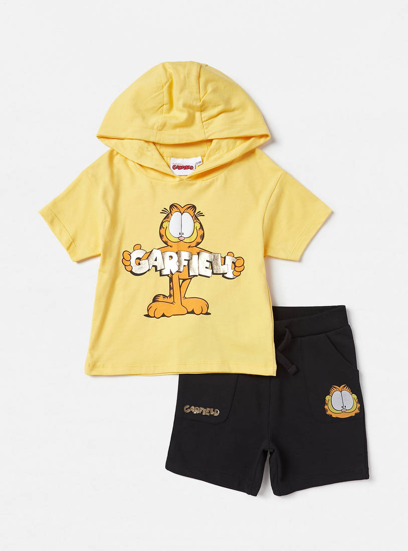 Garfield Print Hooded T-shirt and Shorts Set-Sets & Outfits-image-0