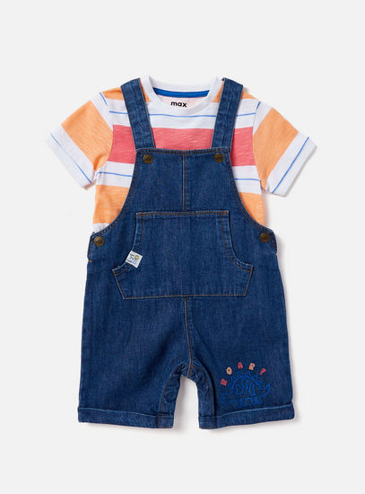Striped T-shirt and Denim Dungaree Set-Sets & Outfits-image-0
