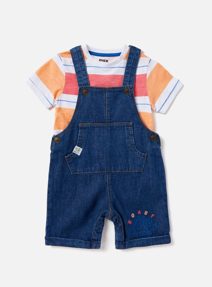 Striped T-shirt and Denim Dungaree Set-Sets & Outfits-image-0