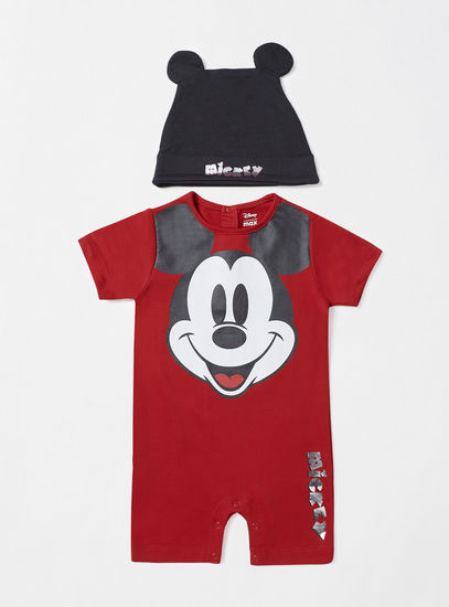 Mickey Mouse Print Romper and Cap Set-Rompers-image-0