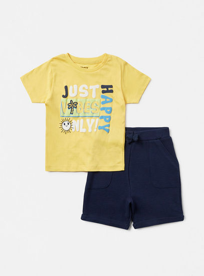 Slogan Print T-shirt and Shorts Set-Sets & Outfits-image-0