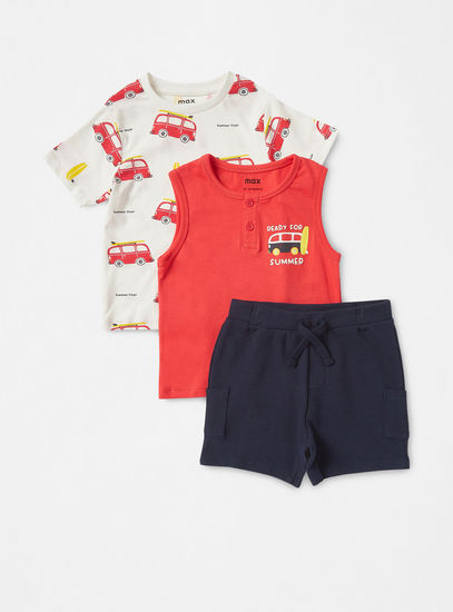 Van Print T-shirt with Shorts and Vest-Sets & Outfits-image-0