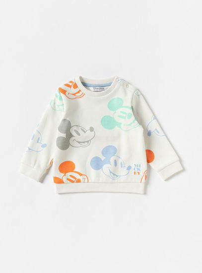 All-Over Mickey Mouse Print Crew Neck Sweatshirt with Long Sleeves