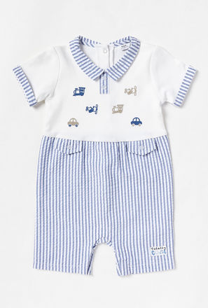 Striped Seersucker Romper with Embroidery Detail