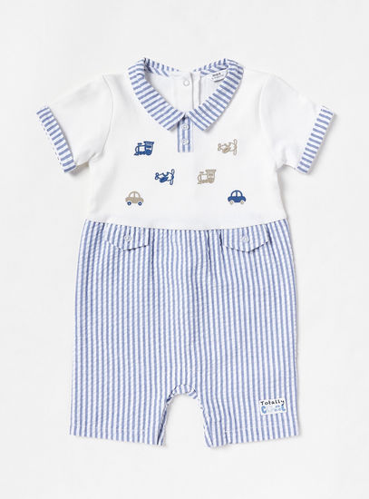 Striped Seersucker Romper with Embroidery Detail
