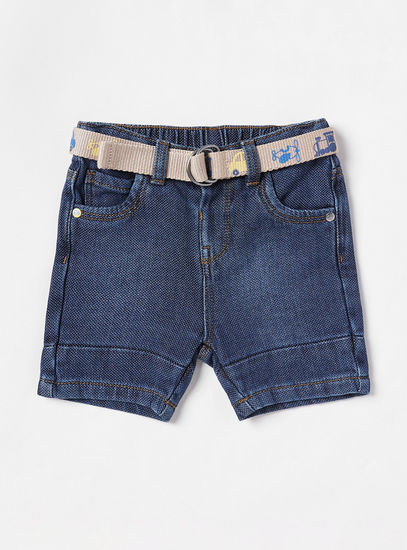 Textured Denim Shorts with Belt-Shorts-image-0