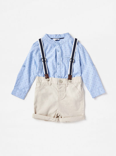 Polka Dot Print Mandarin Collar Shirt and Shorts with Suspenders Set-Sets & Outfits-image-0