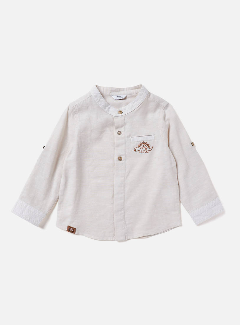 Dinosaur Embroidered Linen Shirt with Mandarin Collar-Shirts-image-0