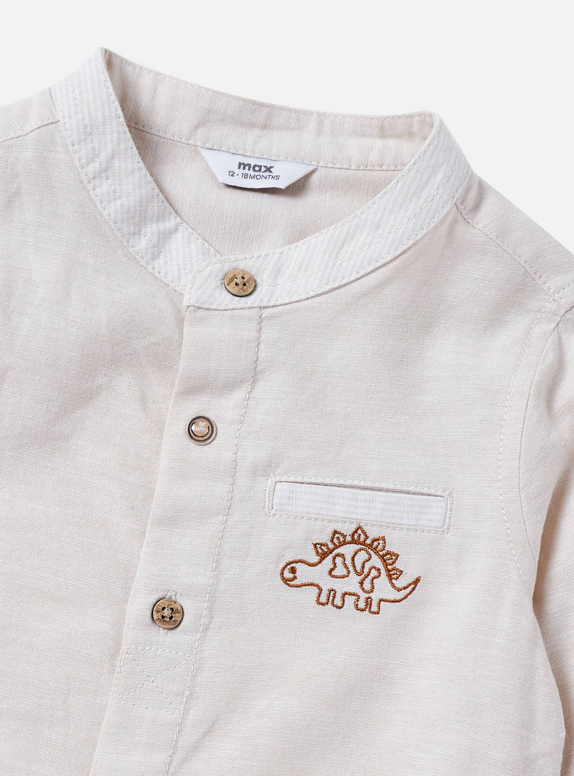 Dinosaur Embroidered Linen Shirt with Mandarin Collar-Shirts-image-1