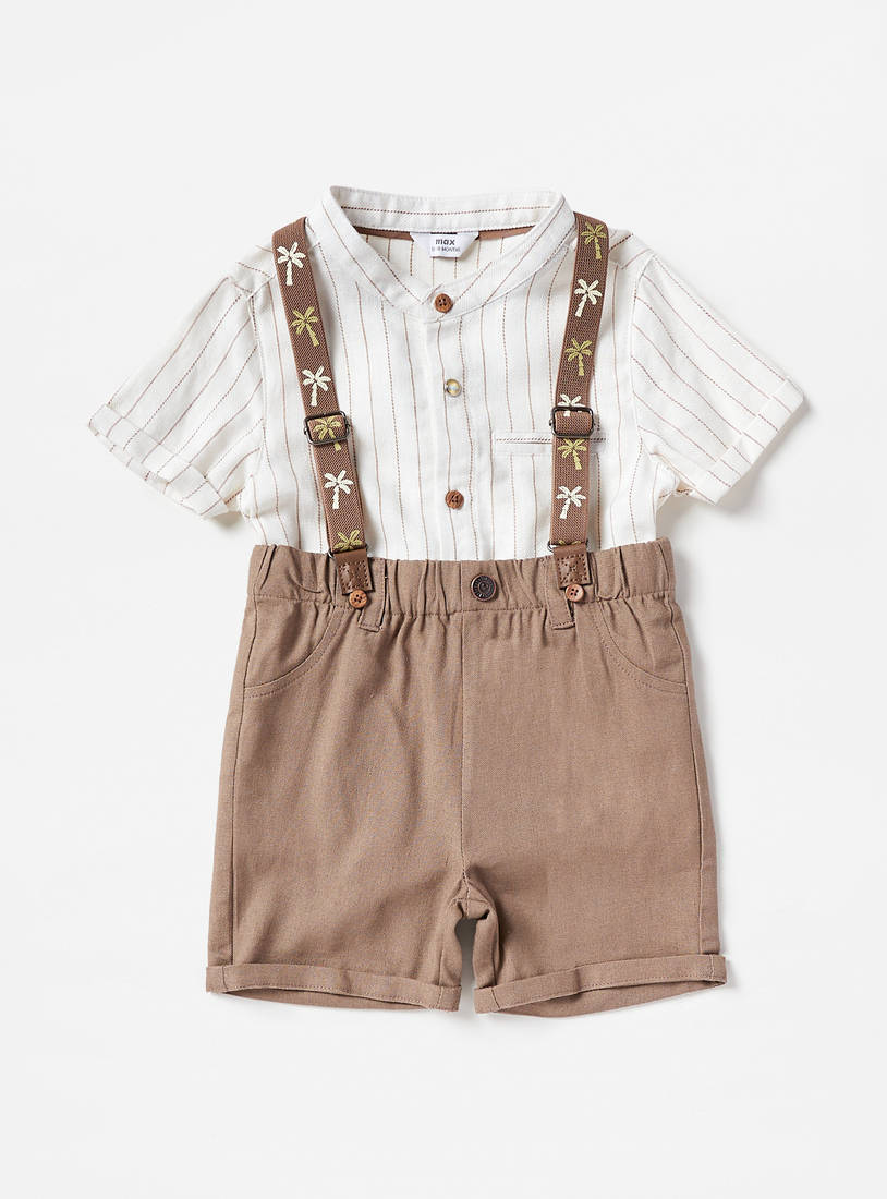 Striped Linen Shirt and Printed Suspender Shorts Set-Sets & Outfits-image-0