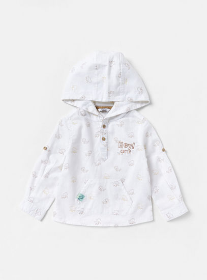 All-Over Print Linen Shirt with Hood and Kangaroo Pocket