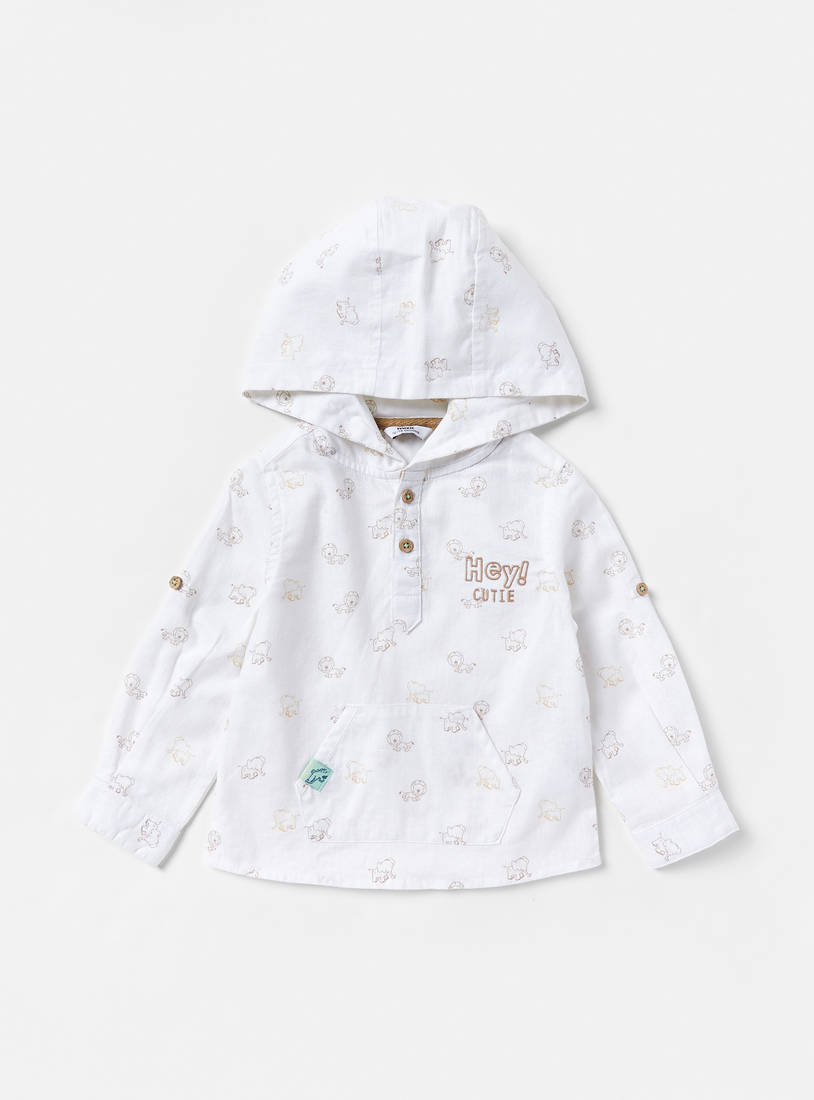 All-Over Print Linen Shirt with Hood and Kangaroo Pocket-Shirts-image-0