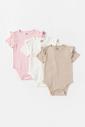 Set of 3 - Ribbed Short Sleeves Bodysuit with Ruffle Detail and Round Neck