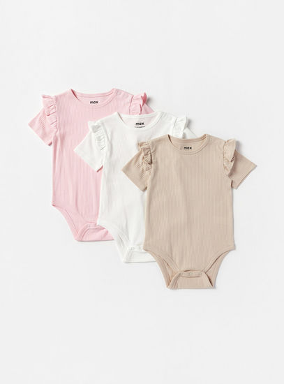 Set of 3 - Ribbed Short Sleeves Bodysuit with Ruffle Detail and Round Neck-Sets & Outfits-image-0