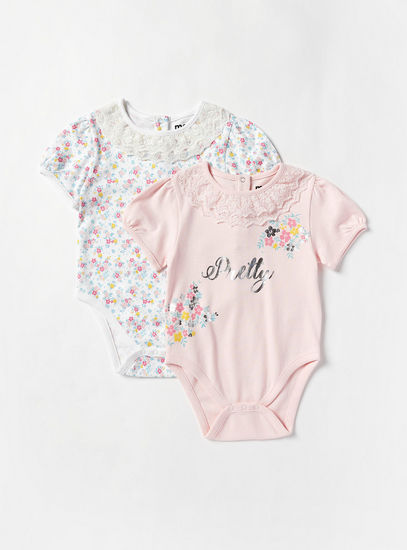Set of 2 - Floral Print Bodysuit with Short Sleeves and Lace Detail-Jumpsuits-image-0
