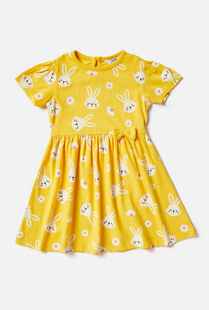 Bunny Print Dress with Round Neck and Bow Detail