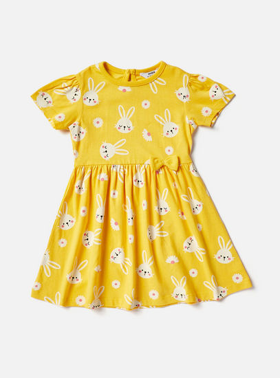 Bunny Print Dress with Round Neck and Bow Detail