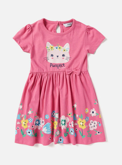 Kitty Print Knee Length Better Cotton Dress with Bow Detail