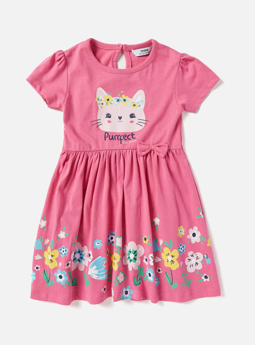 Kitty Print Knee Length Better Cotton Dress with Bow Detail-Casual Dresses-image-0