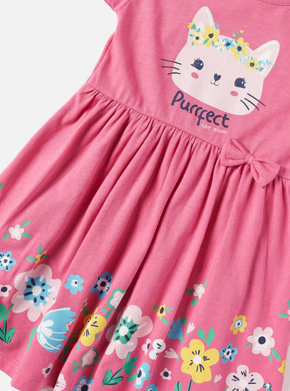 Kitty Print Knee Length Better Cotton Dress with Bow Detail