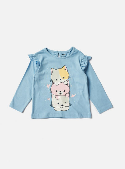 Kitty Placement Print T-shirt with Ruffles and Long Sleeves