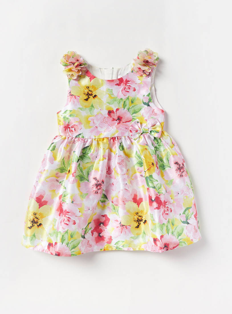 All-Over Floral Print Sleeveless Dress with Bow Accent and Zip Closure-Casual Dresses-image-0