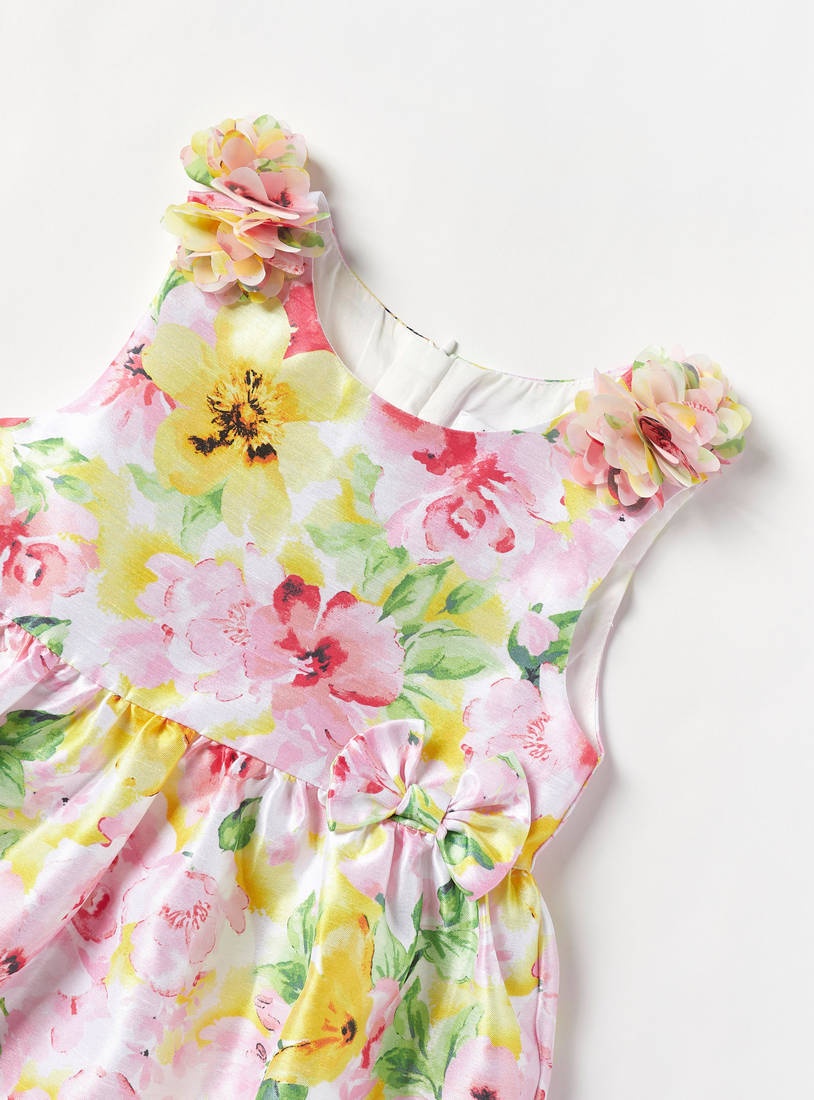 All-Over Floral Print Sleeveless Dress with Bow Accent and Zip Closure-Casual Dresses-image-1