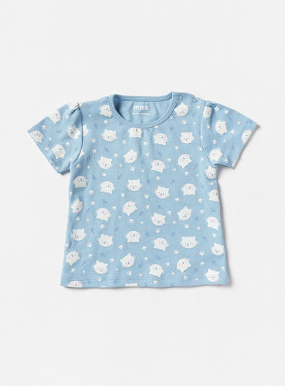 All-Over Cat Print Round Neck T-shirt and Pyjama Set-Pyjama Sets-image-1