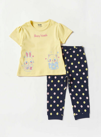 Printed Round Neck T-shirt and Full Length Pyjama Set-Pyjama Sets-image-0