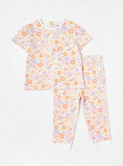 All-Over Floral Print Cotton T-shirt and Pyjama Set