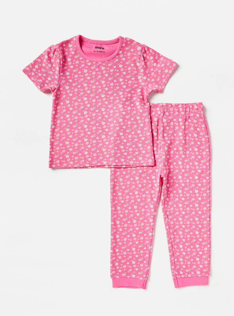 All-Over Floral Print T-shirt and Pyjama Set-Pyjama Sets-image-0