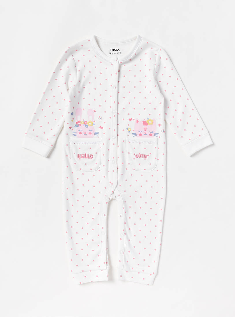 Polka Dot Print Sleepsuit with Button Closure-Sleepsuits-image-0