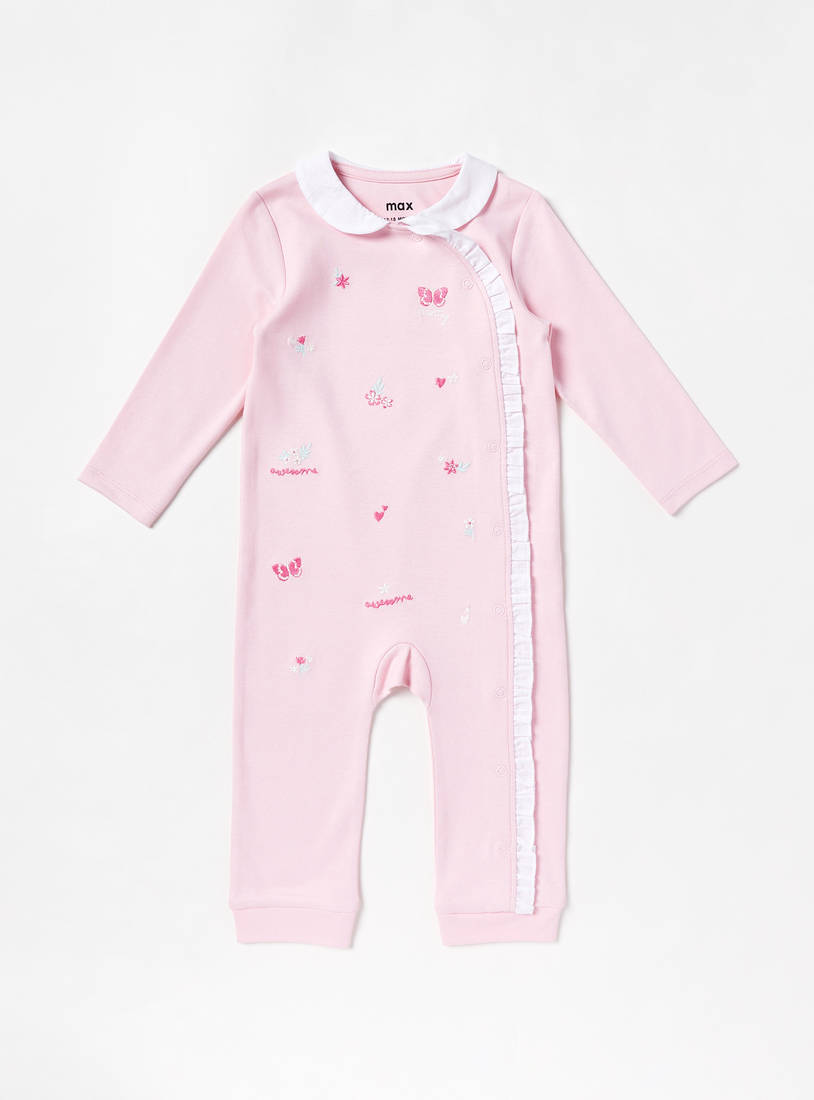 Butterfly Embroidered Sleepsuit with Ruffle Detail-Sleepsuits-image-0