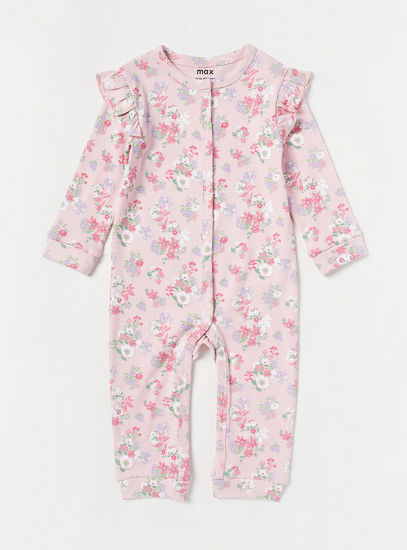 All-Over Floral Print Button Up Cotton Sleepsuit with Ruffle Detail-Sleepsuits-image-0
