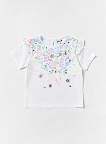 Floral and Unicorn Print Frill Detail T-shirt