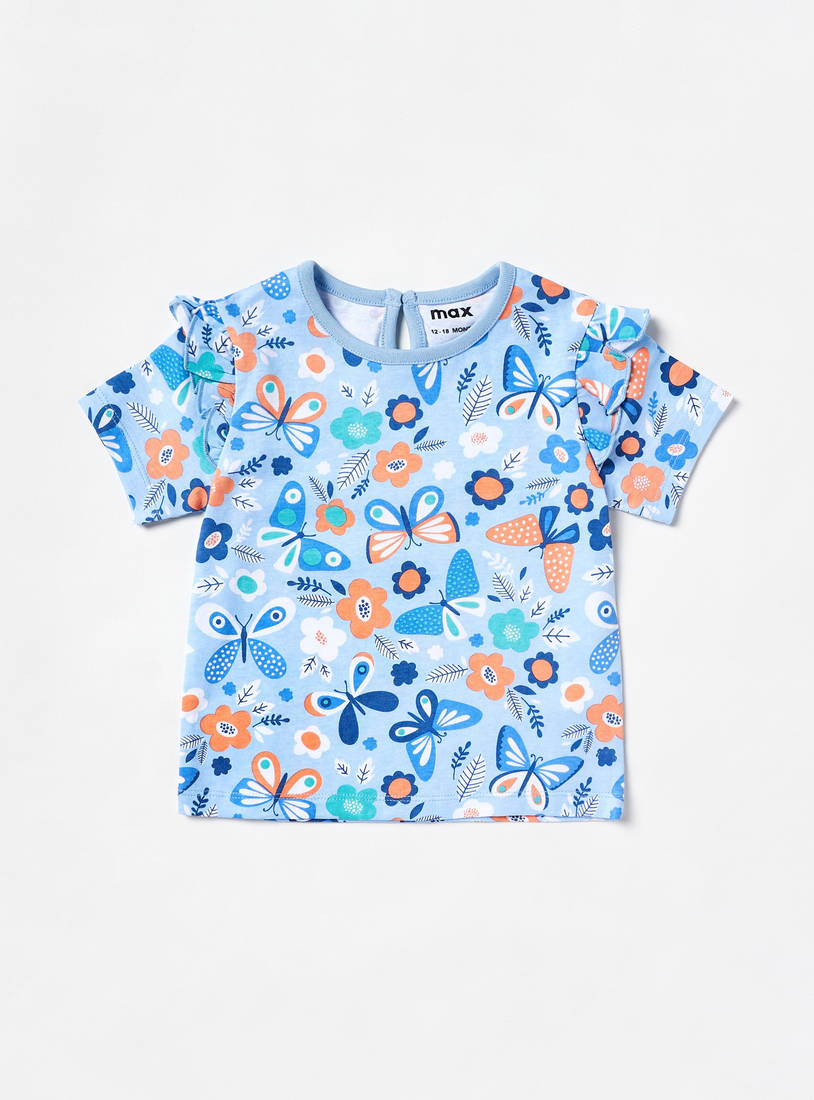 All-Over Butterfly Print Frill Detail T-shirt-T-shirts-image-0
