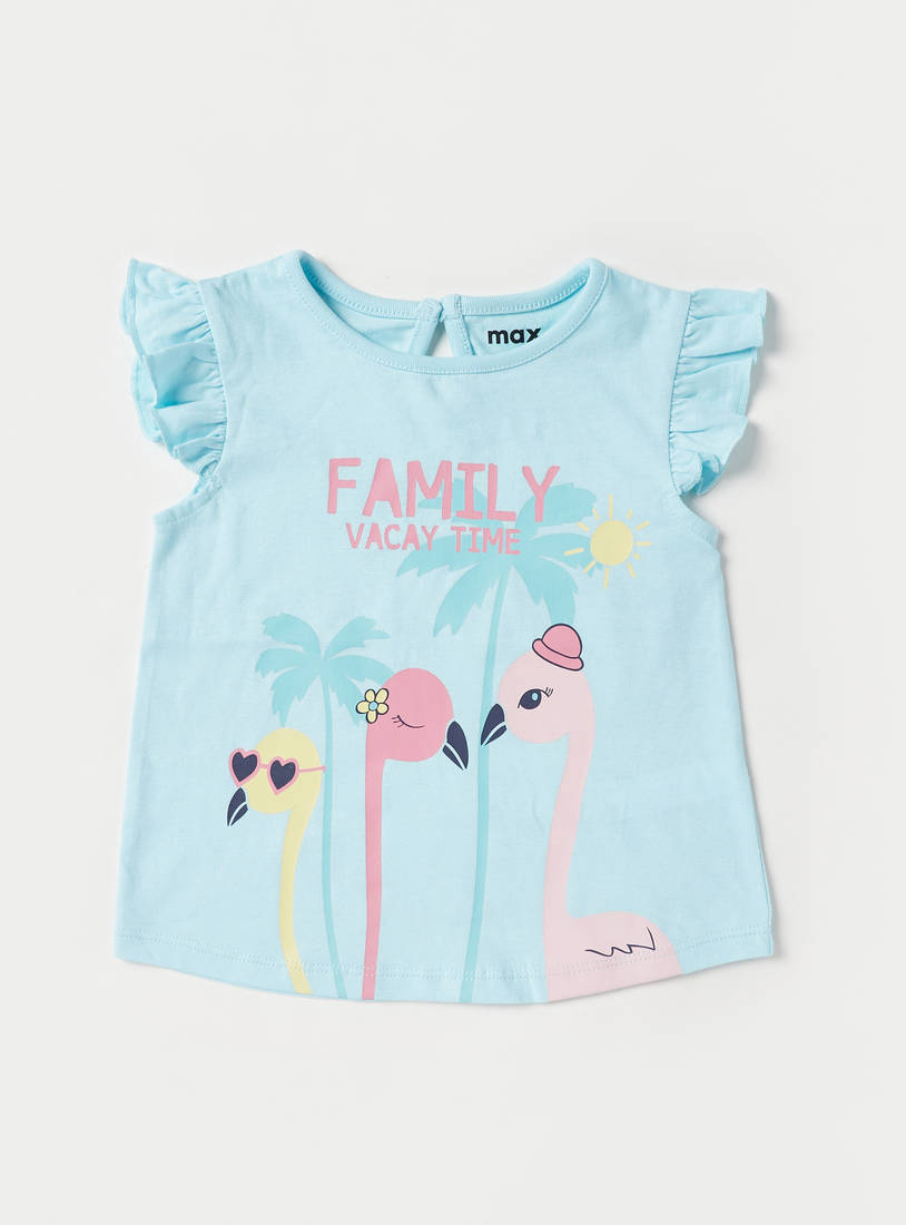 Flamingo Print Top with Ruffles-T-shirts-image-0
