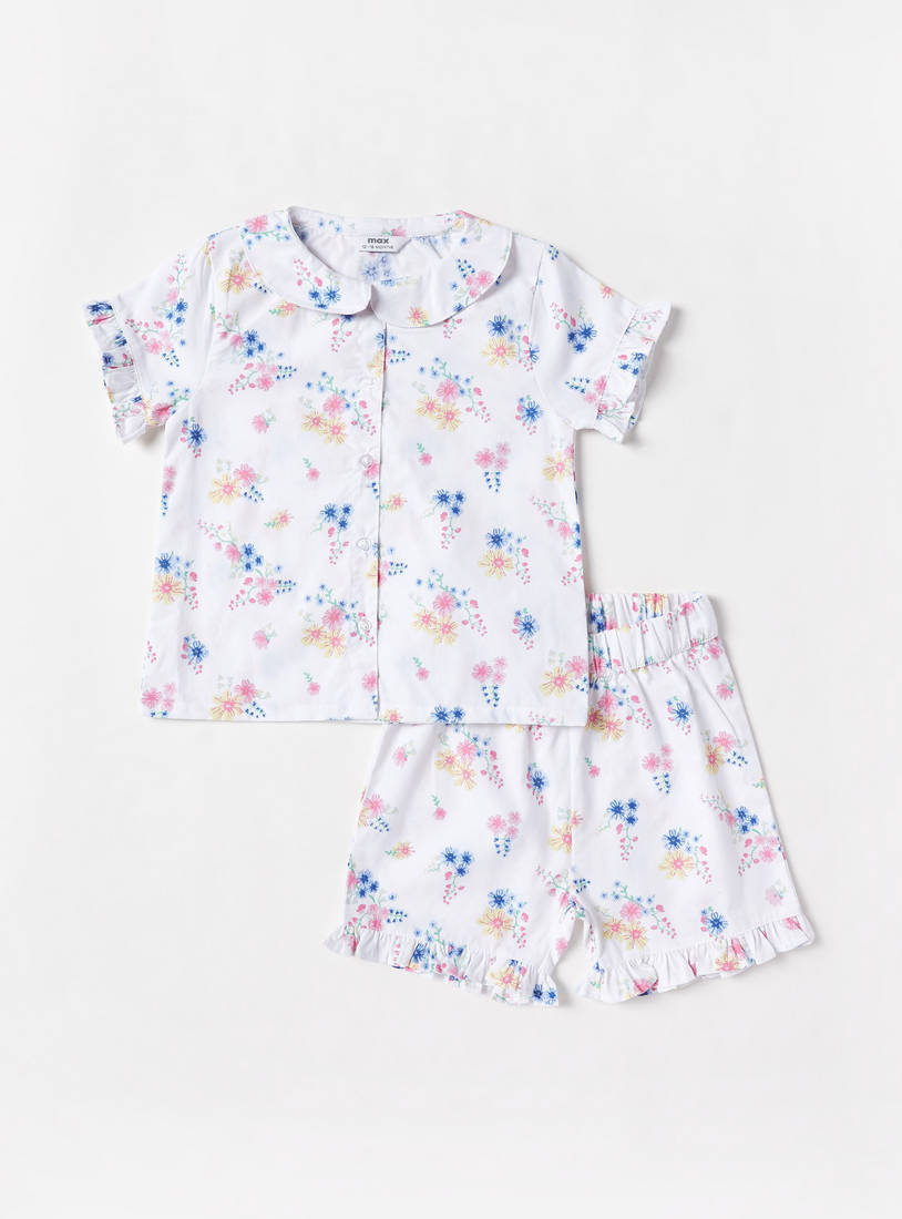 All-Over Floral Print Cotton Shorts Set-Pyjama Sets-image-0