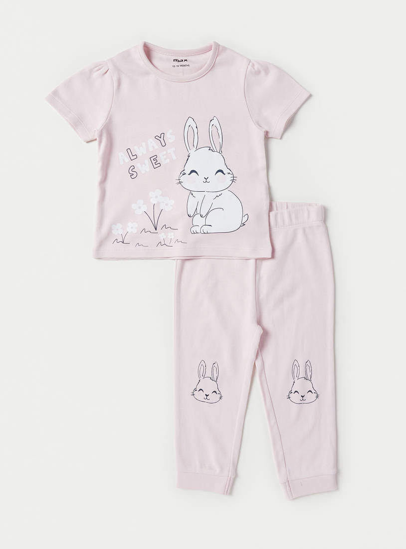 Bunny Print T-shirt and Pyjama Set-Pyjama Sets-image-0
