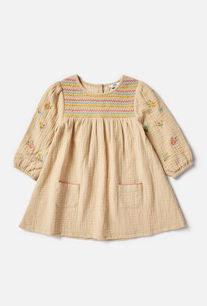Embroidered Double Gauze Smocked A-line Dress with Pockets