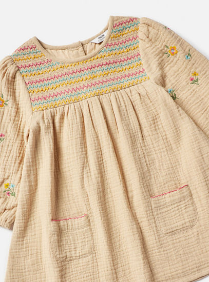 Embroidered Double Gauze Smocked A-line Dress with Pockets