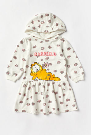 Garfield Print Drop Waist Dress with Hood and Long Sleeves