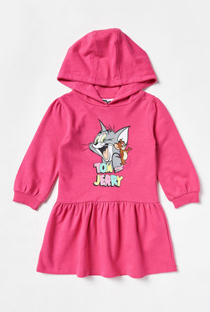 Tom and Jerry Print Knee Length Dress with Hood