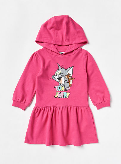 Tom and Jerry Print Knee Length Dress with Hood