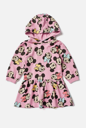 All Over Mickey and Minnie Print Drop Waist Dress with Hood and Long Sleeves